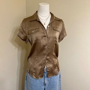 Chico's Silk Blend Bronze Brown Short Sleeve Button Down Shirt Size 0 S